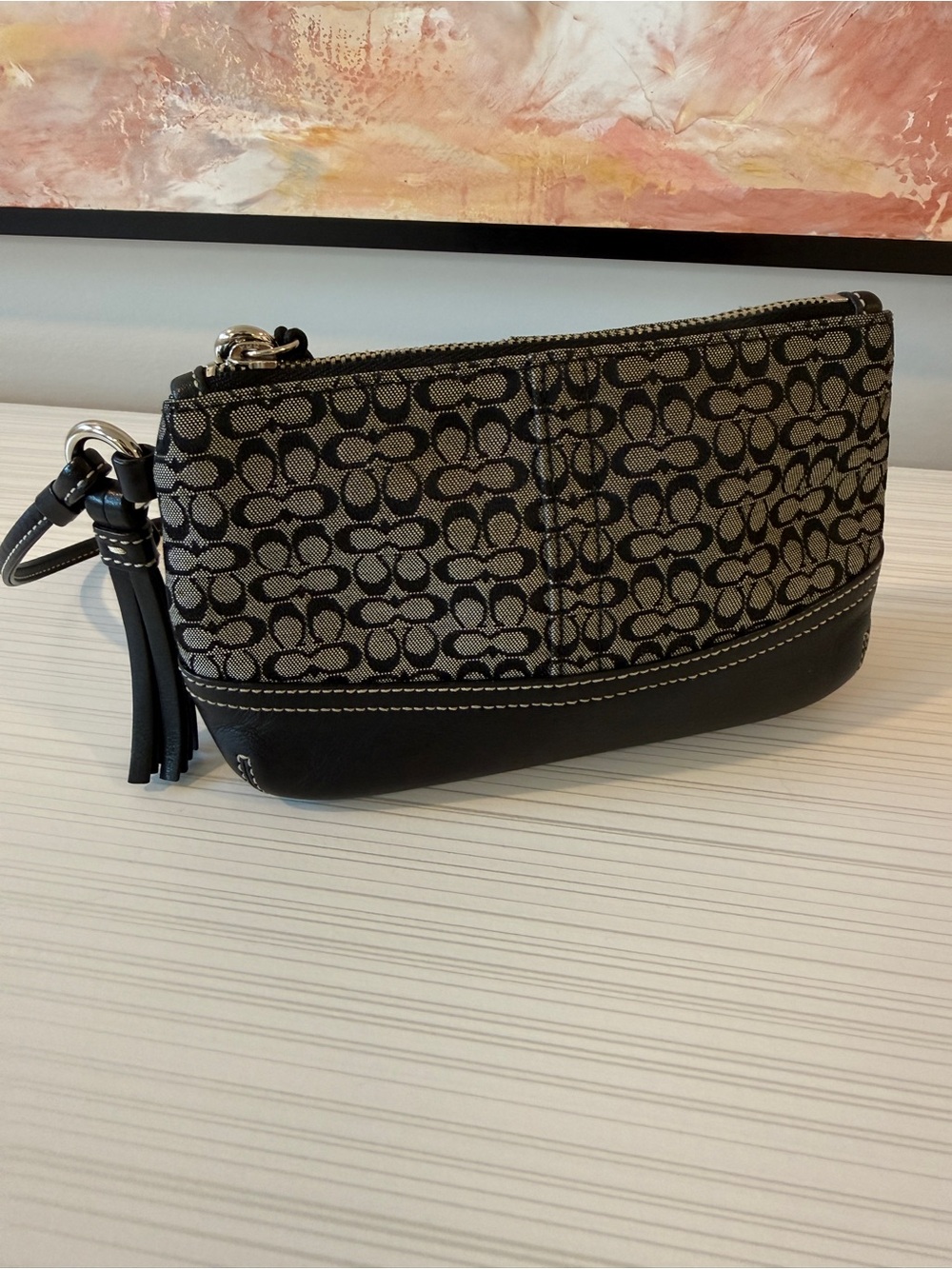 Coach Black/Tan Signature Canvas Wristlet with Leather Trim
